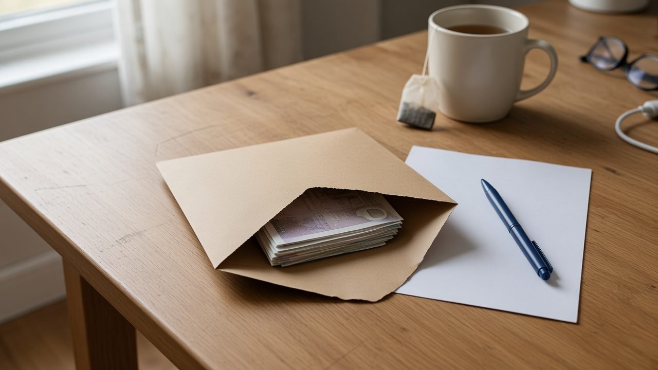 A torn-open brown envelope with folded banknotes inside, next to a folded sheet of paper and a pen on a wooden kitchen table