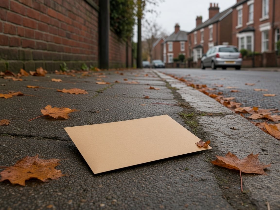 A plain brown envelope lying on a wet pavement beside a red brick wall on a residential street in autumn